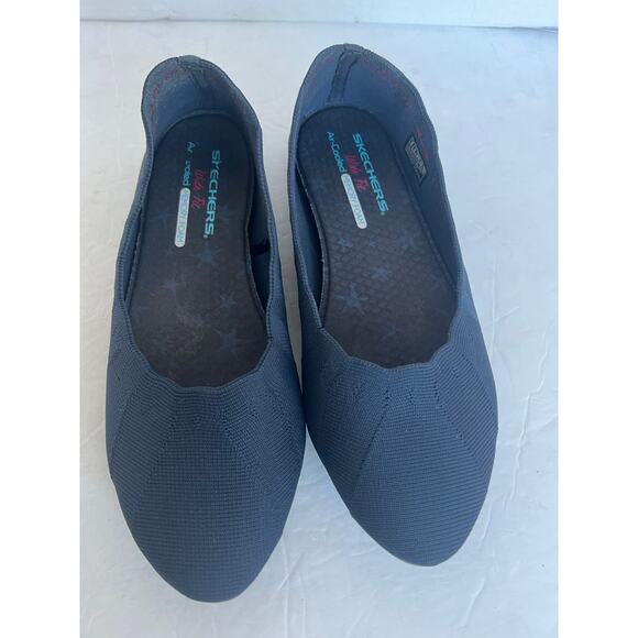 Skechers Cleo Blue Scalloped Wide Fit Memory Foam Fabric Slip On Flat Shoes 9 - Picture 3 of 11